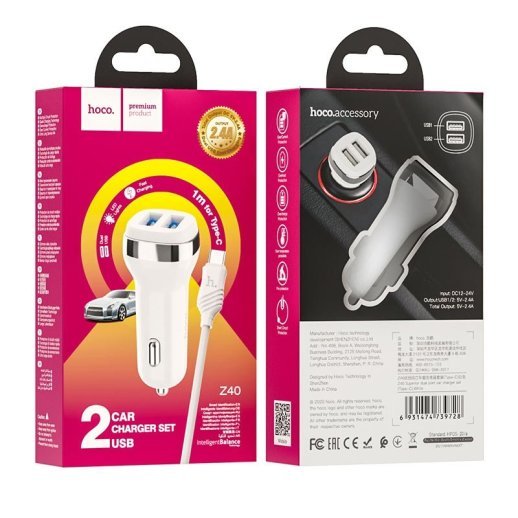 АЗУ HOCO Z40 (2USB/2.4A) + USB - Type-C (12pc) (белый)