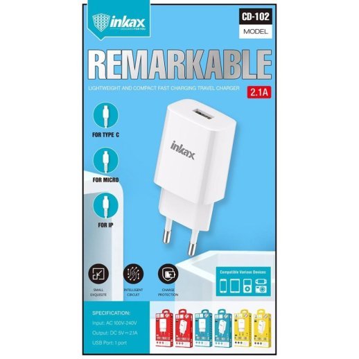 Зарядний пристрій INKAX CD-102 2.1A + USB кабель Type-C for Android
