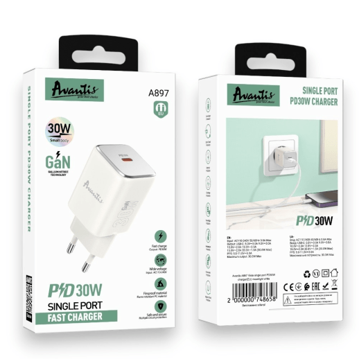 Мережевий Зарядний Пристрій Avantis A897 GaN 1USB PD30W Білий