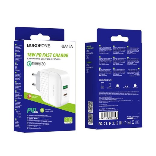 Мережевий зарядний пристрій BOROFONE BA46A Premium Type-C PD 18W + USB QC3.0