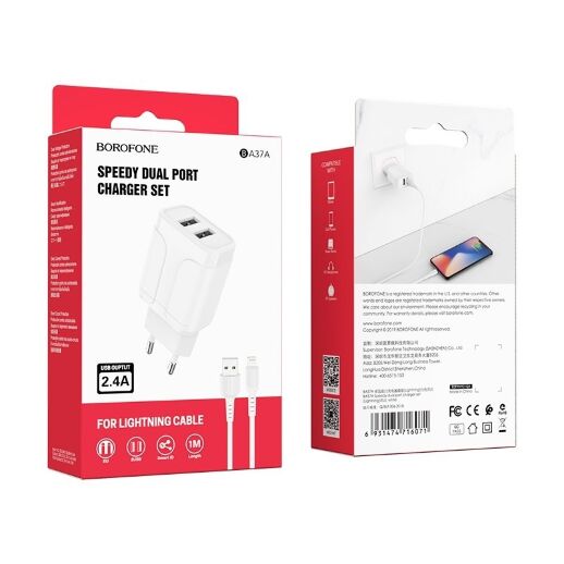 Мережевий зарядний пристрій BOROFONE BA37A Speedy dual port + кабель USB - LIGHTNING
