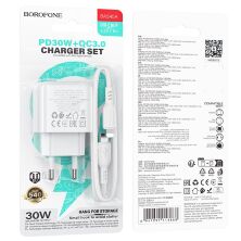Мережевий зарядний пристрій BOROFONE BAS45A TYPE-C PD 30W / USB QC3.0 + кабель TYPE-C - LIGHTNING, білий