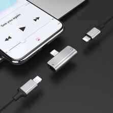 Перехідник HOCO LS24 Lightning - Lightning зарядне / Lightning звук, сталевий