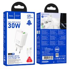 Мережевий зарядний пристрій HOCO N63 TYPE-C PD 30W + USB QC 3.0 + КАБЕЛЬ TYPE-C - LIGHTNING, білий