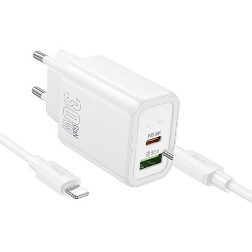 Мережевий зарядний пристрій HOCO N63 TYPE-C PD 30W + USB QC 3.0 + КАБЕЛЬ TYPE-C - LIGHTNING, білий