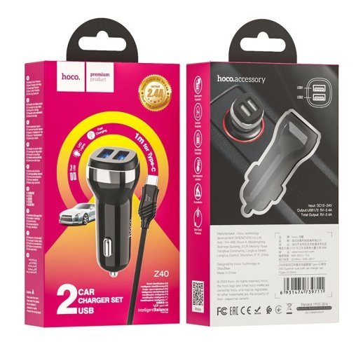 АЗУ HOCO Z40 (2USB/2.4A) + USB - Type-C (12pc) (черный)