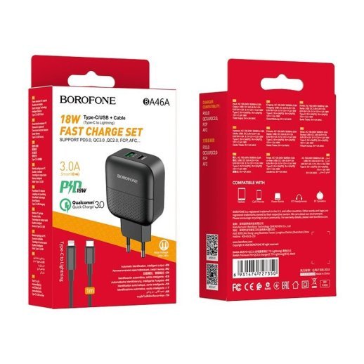 Мережевий зарядний пристрій BOROFONE BA46A Premium Type-C PD 18W + USB QC3.0 + кабель TYPE-C - LIGHTNING