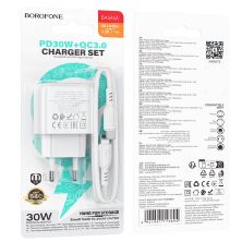 Мережевий зарядний пристрій BOROFONE BAS45A TYPE-C PD 30W / USB QC3.0 + кабель TYPE-C - TYPE-C, білий
