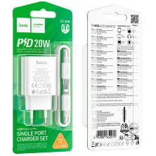 Мережевий зарядний пристрій HOCO C143A TYPE-C PD 20W + кабель TYPE-C - LIGHTNING, білий