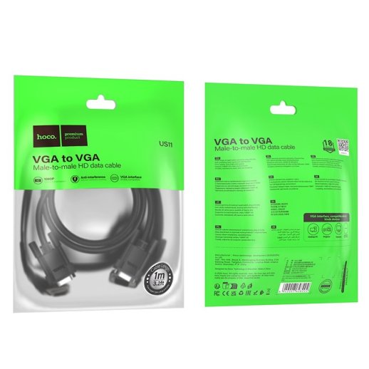 Кабель HOCO US11 VGA штекер  -  VGA штекер HD, 1 м, чорний