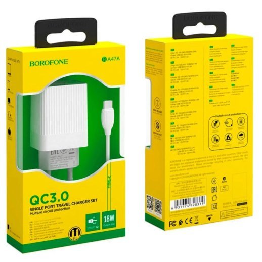 Мережевий зарядний пристрій BOROFONE BA47A Mighty QC3.0 + кабель USB - TYPE-C, білий