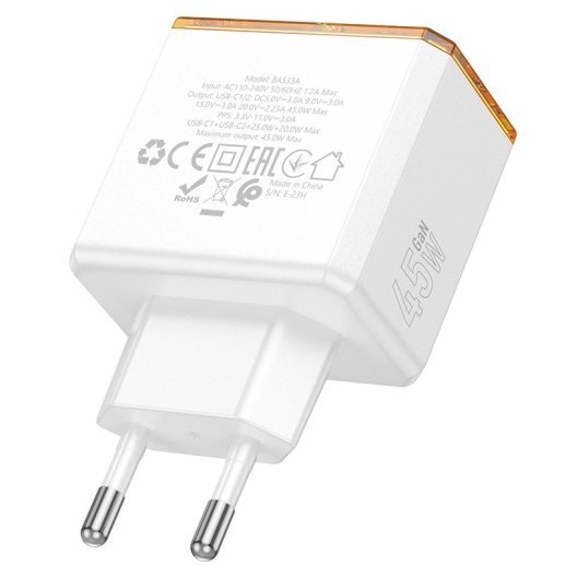 Мережевий зарядний пристрій Borofone BAS33A 2*Type-C PD 45W, білий