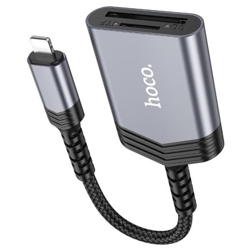 OTG Card Reader HOCO UA25 2в1 Lightning (папа) - картрідер SD/TF card (мама) 19см, сірий