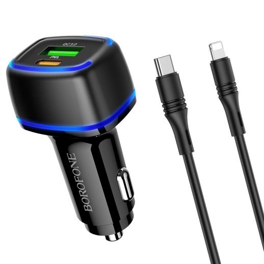 Автомобільний зарядний пристрій BOROFONE BZ14A Mercury dual port PD20W+QC3.0 ambient light + USB TYPE-C на LIGHTNING