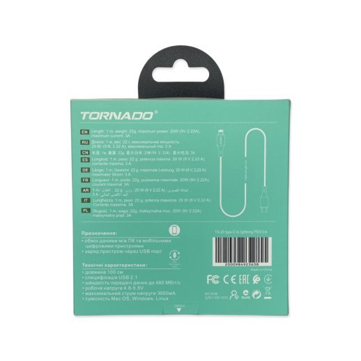 USB Cable TORNADO TX25 Type-C to Lighting 20W/1m