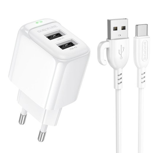 Мережевий зарядний пристрій Borofone BAS41A 2*USB 2,4A + кабель USB - Type-C, білий