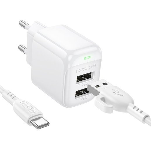 Мережевий зарядний пристрій Borofone BAS41A 2*USB 2,4A + кабель USB - Type-C, білий