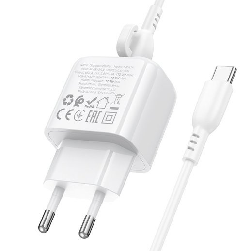 Мережевий зарядний пристрій Borofone BAS41A 2*USB 2,4A + кабель USB - Type-C, білий