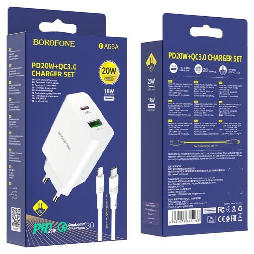 Мережевий зарядний пристрій BOROFONE BA56A Lavida dual port PD20W+QC3.0 + кабель TYPE-C - LIGHTNING