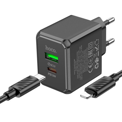 Мережевий зарядний пристрій HOCO CS14A TYPE-C PD 20W + USB QC 3.0 + кабель TYPE-C - LIGHTNING, чорний