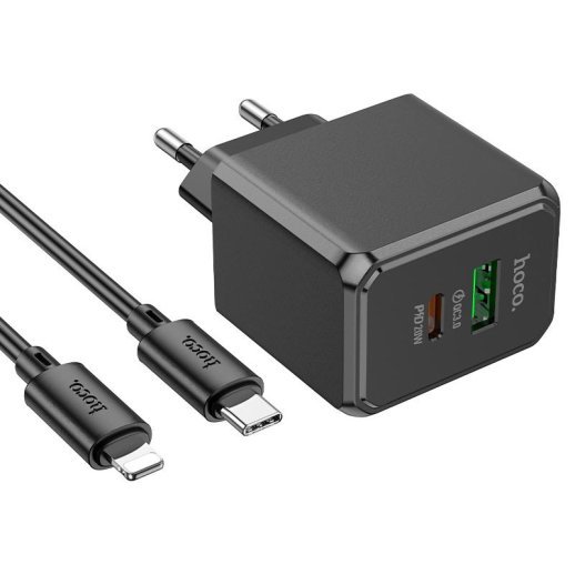Мережевий зарядний пристрій HOCO CS14A TYPE-C PD 20W + USB QC 3.0 + кабель TYPE-C - LIGHTNING, чорний