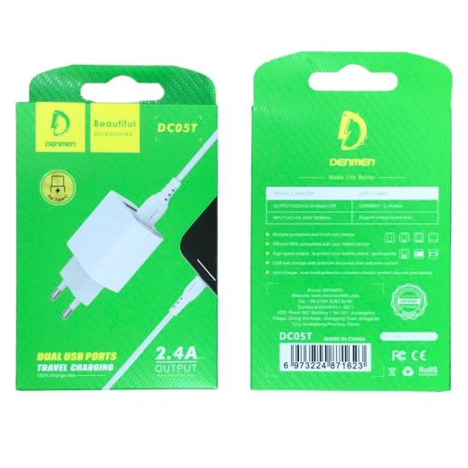 Мережевий зарядний пристрій DENMEN DC05T + CABLE USB Type-C 2.4A 2USB