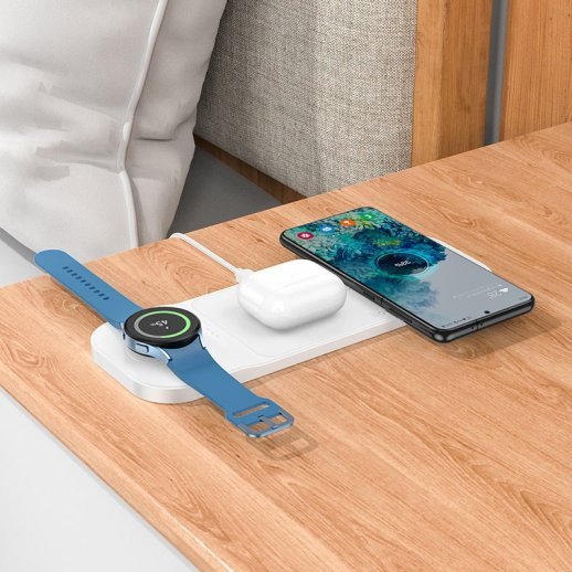 Бездротовий зарядний пристрій HOCO CQ6 3В1 GALAXY WATCH БIЛИЙ