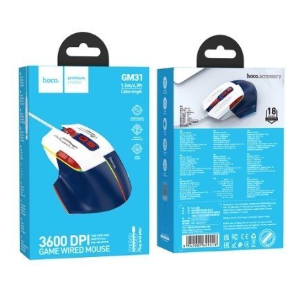 Мишка дротова HOCO GM31 Overlord luminous gaming, white blue