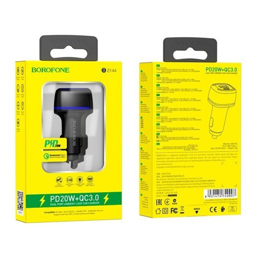 Автомобільний зарядний пристрій BOROFONE BZ14A Mercury dual port PD20W+QC3.0 ambient light car charger