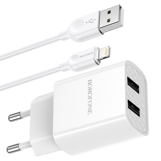 Мережевий зарядний пристрій Borofone BA53A 2*USB 2,1A + кабель USB - Lightning, білий
