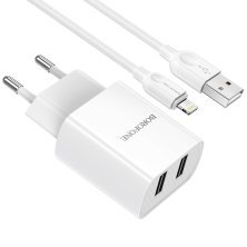 Мережевий зарядний пристрій Borofone BA53A 2*USB 2,1A + кабель USB - Lightning, білий