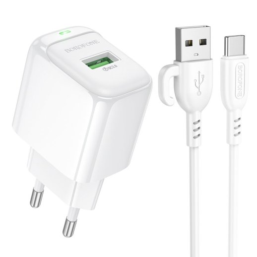 Мережевий зарядний пристрій BOROFONE BAS42A USB QC3.0 + кабель USB - TYPE-C, білий