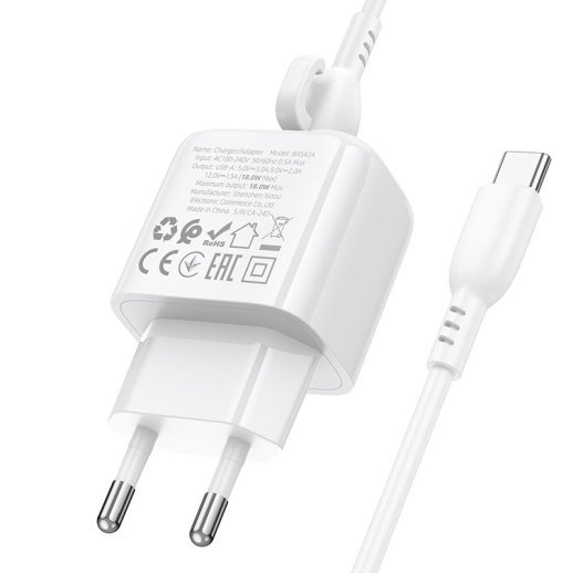 Мережевий зарядний пристрій BOROFONE BAS42A USB QC3.0 + кабель USB - TYPE-C, білий