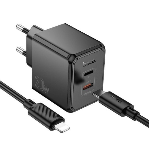 Мережевий зарядний пристрій HOCO CS16A Wish PD 20W TWO-WAY Type-C / Lighning, чорний