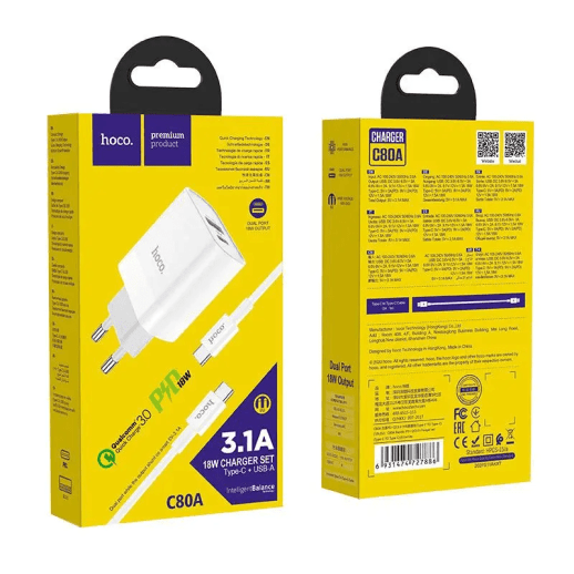 Мережевий Зарядний Пристрій Hoco C80A Plus PD20w + QC3.0 USB-C to Type-C