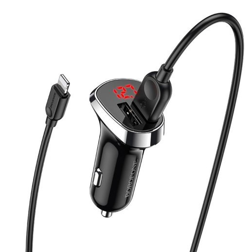 Автомобільний зарядний пристрій BOROFONE BZ15 Auspicious dual port digital display + USB кабель LIGHTNING