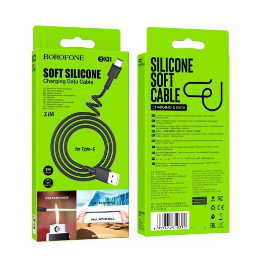 USB кабель BOROFONE BX31 Soft silicone charging data USB - Type-C, ЧОРНИЙ