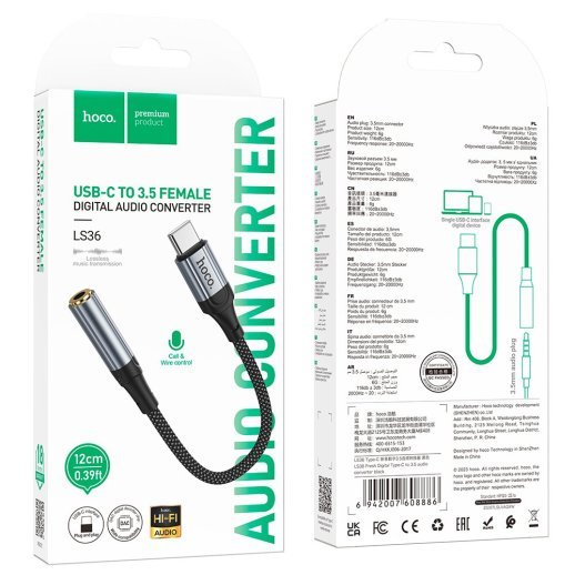 Перехідник HOCO LS36 зовнішня звукова карта TYPE-C - jack 3.5мм, 12 см, чорний