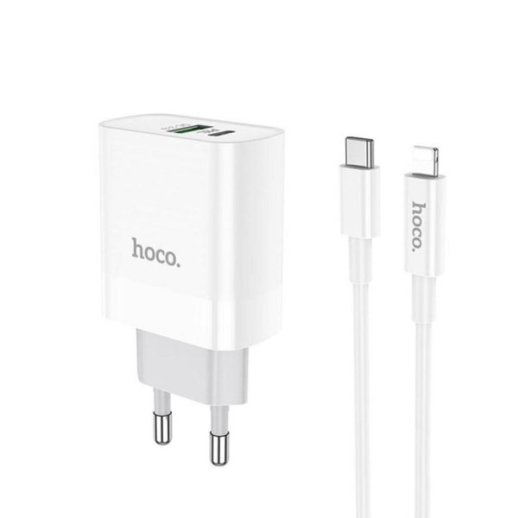 Мережевий зарядний пристрій HOCO C80A TYPE-C PD 20W + USB QC 3.0 + кабель TYPE-C - LIGHTNING, БІЛИЙ