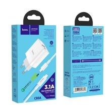 Мережевий зарядний пристрій HOCO C80A TYPE-C PD 20W + USB QC 3.0 + кабель TYPE-C - LIGHTNING, БІЛИЙ