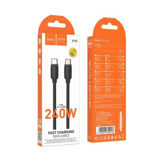USB-C кабель HOCO X115 Type-C - Type-C 240W, 1 метр, чорний