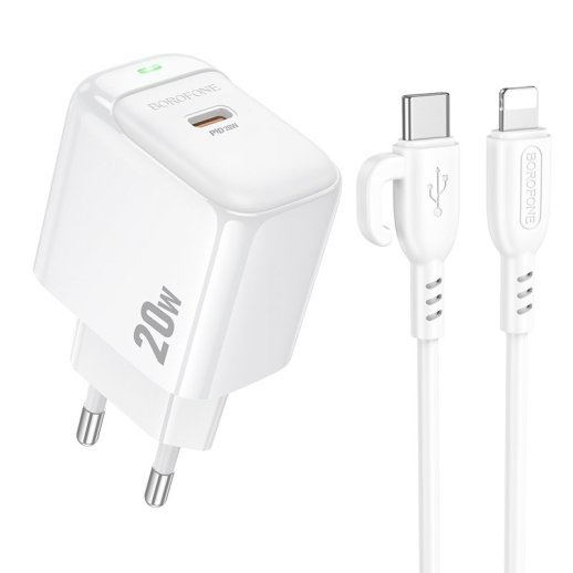 Мережевий зарядний пристрій BOROFONE BAS43A TYPE-C PD 20W + кабель TYPE-C - LIGHTNING, білий