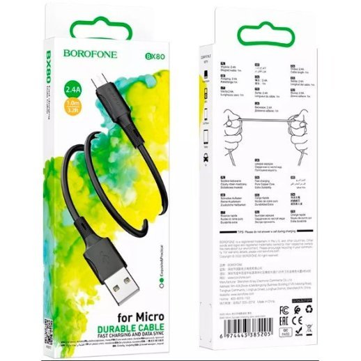 USB кабель BOROFONE BX80 2,4A charging data USB - micro USB 1 метр чорний