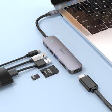 Адаптер HOCO HB28 Type-C 100W 6в1 (HDMI, SD/TF card, USB 2.0, USB 3.0, TYPE-C) 13см, сірий