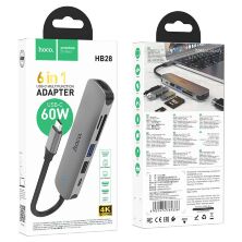Адаптер HOCO HB28 Type-C 100W 6в1 (HDMI, SD/TF card, USB 2.0, USB 3.0, TYPE-C) 13см, сірий