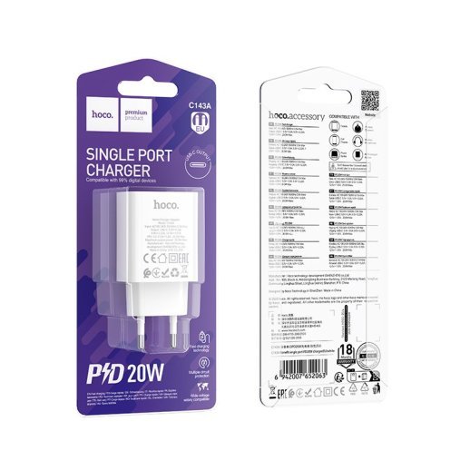 Мережевий зарядний пристрій HOCO C143A TYPE-C PD 20W, білий