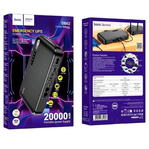 ДБЖ для роутера HOCO DB62 UPS + POWERBANK 20000mah 9V/12V + USB 5V + TYPE-C 1A, ЧОРНИЙ