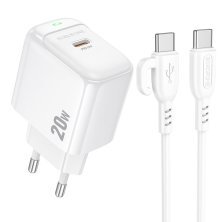 Мережевий зарядний пристрій BOROFONE BAS43A TYPE-C PD 20W + кабель TYPE-C - TYPE-C, білий