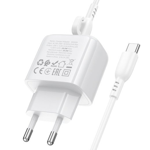 Мережевий зарядний пристрій BOROFONE BAS43A TYPE-C PD 20W + кабель TYPE-C - TYPE-C, білий