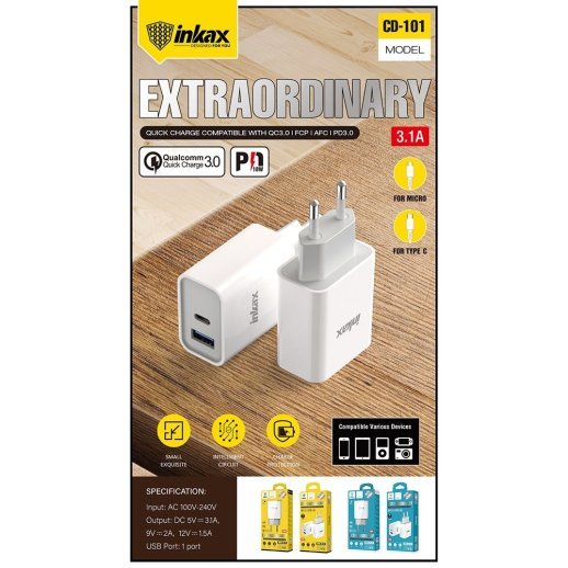 Мережевий зарядний пристрій INKAX CD-101 QC3.0 | 3.4A | 1 USB | 1 USB C + кабель USB Type-C для Android